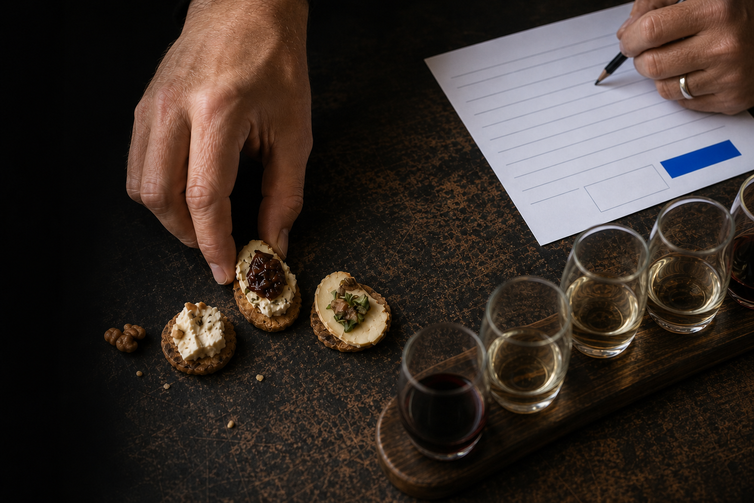 Hands arranging small savory bites beside a tasting flight and pairing worksheet